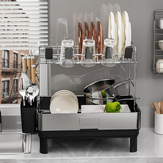 Fortune Candy 2-Tier Stainless Steel Dish Drying Rack for Kitchen Counter, Large Dish Rack with Utensil Holder and Rotating Drain Spout