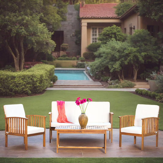 Fortune Candy 4 Pieces Indoor/Outdoor Acacia Wood Sofa Set with Cushions, Brown Conversation Furniture