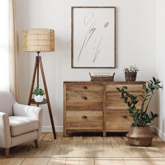 Fortune Candy 59'' Tall Boho Tripod Floor Lamp with Shelves, Mid-Century Modern Wood Standing Lamp with Rattan and Fabric Shades for Home