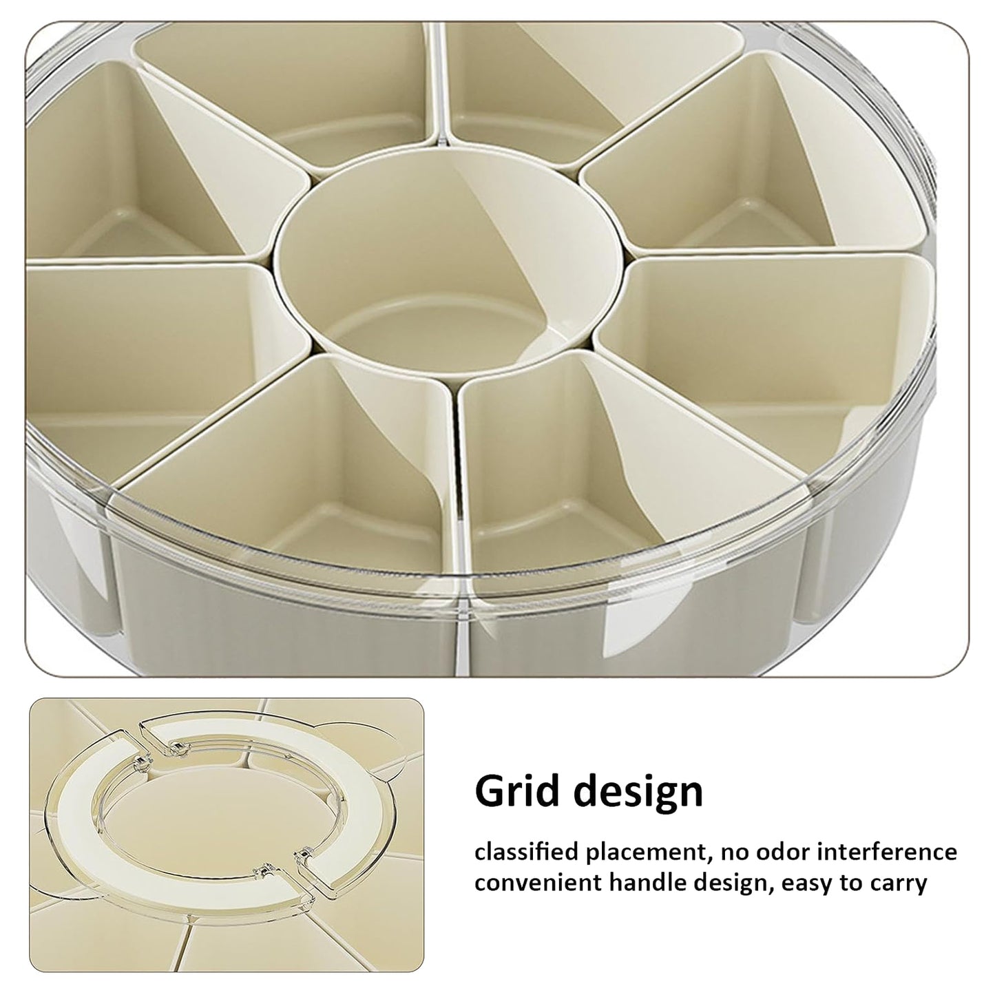 Fortune Candy 9 Compartment Box, Rotating Serving Tray with Lid & Handle, Portable Organizer for Fruits, Candy, Veggies, Party & Travel (White)