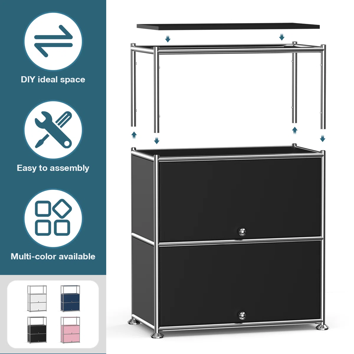 Fortune Candy 3 Tier Metal Storage Cabinet with Doors, Modern Organizer, Open Shelf for Dining Room or Living Space, Black