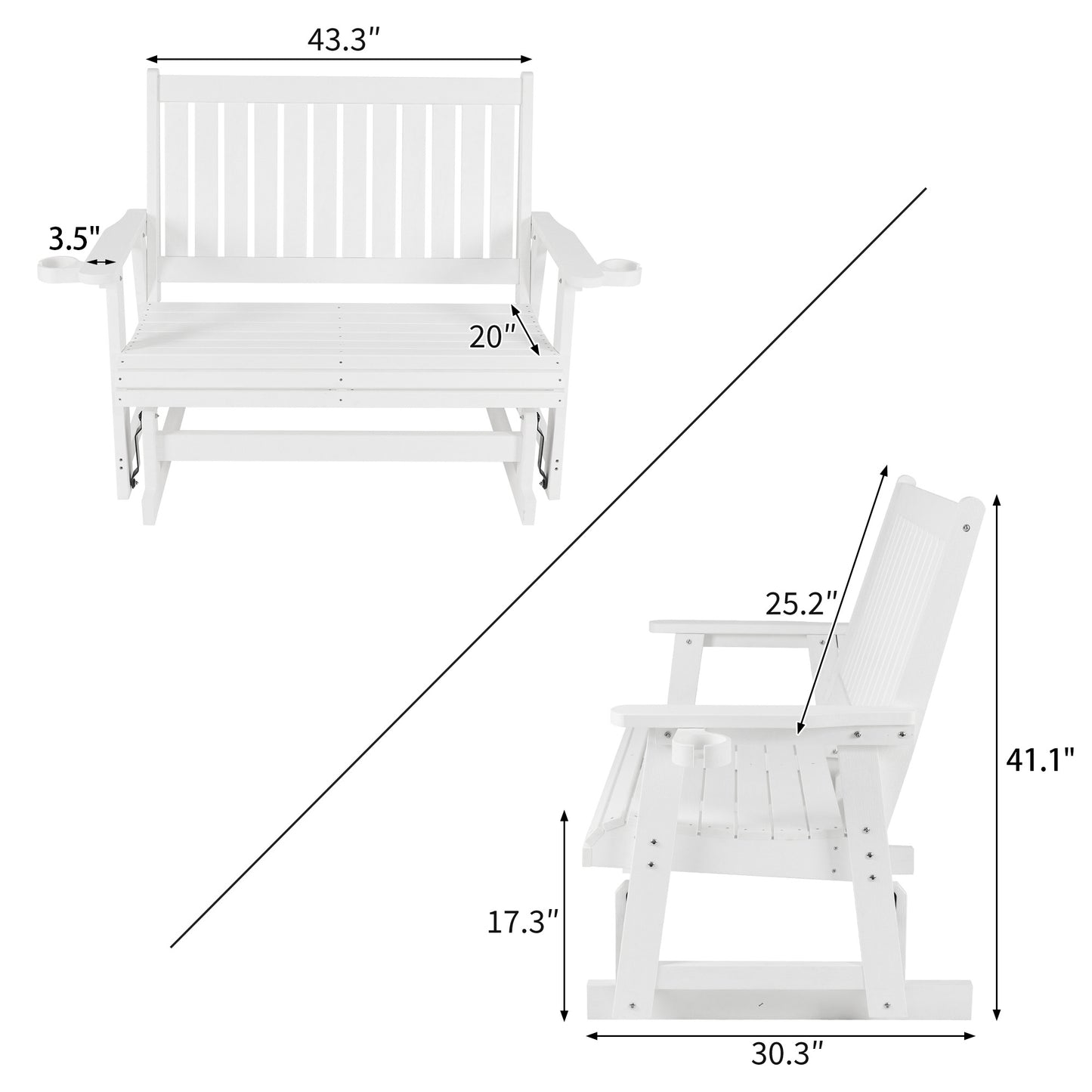 Fortune Candy Poly Lumber Patio Glider 2 Seater with Ergonomic Deep Seat, High Backrest, Cup Holders, for Outdoor Garden, Yard, or Deck