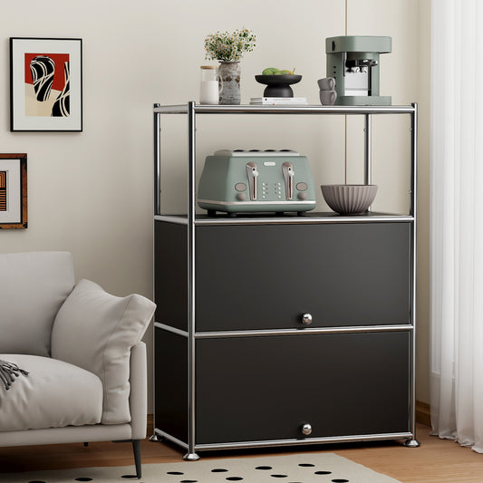 Fortune Candy 3 Tier Metal Storage Cabinet with Doors, Modern Organizer, Open Shelf for Dining Room or Living Space, Black