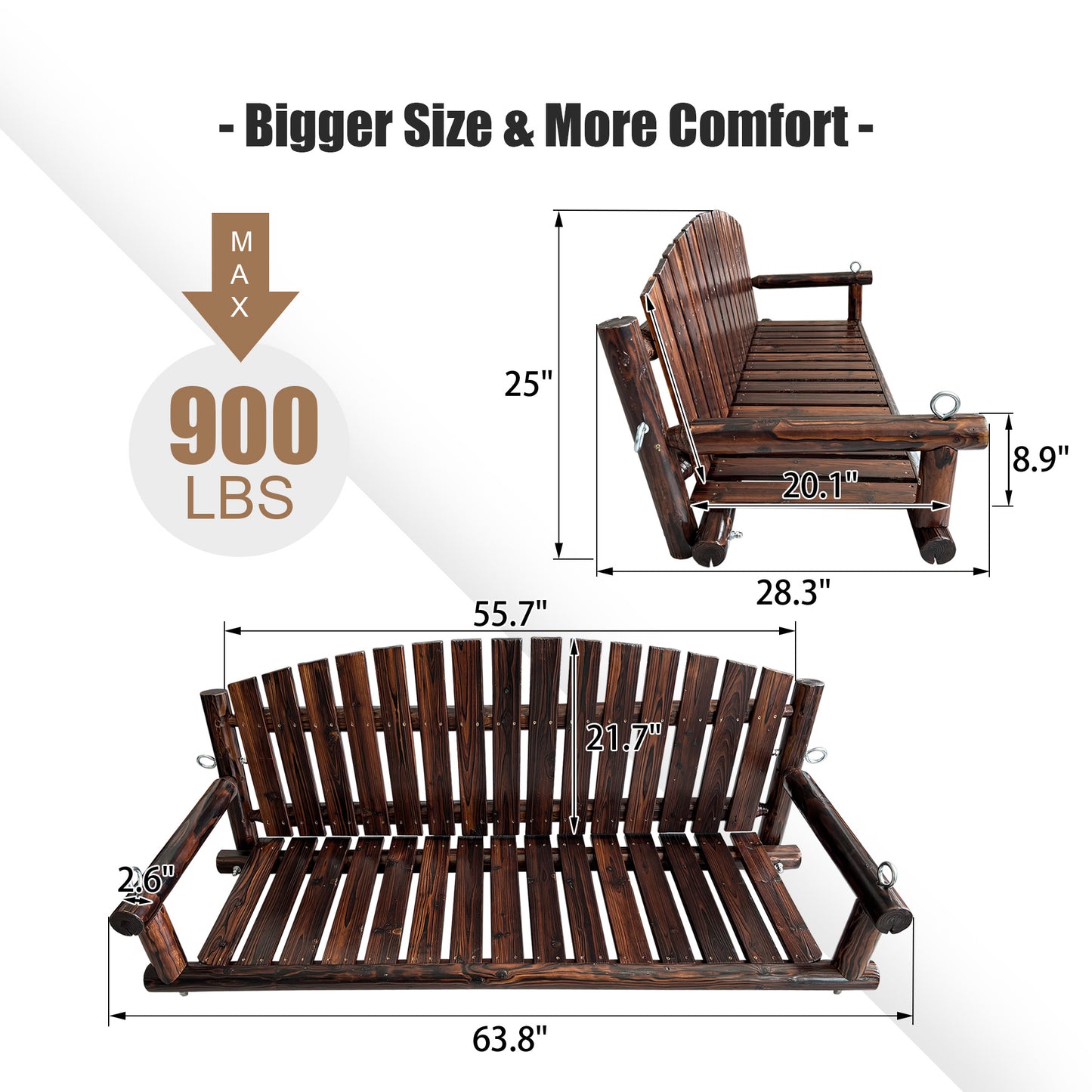 Fortune Candy 5 FT Fir Wood Porch Swing, Rustic Handcrafted Heavy-Duty Outdoor Hanging Bench, 900 LBS Capacity