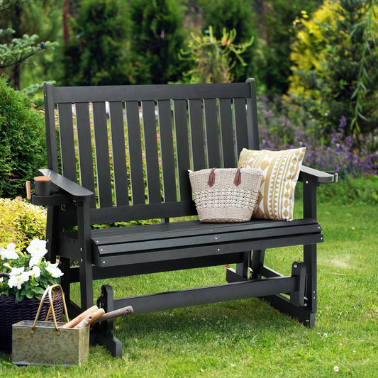 Fortune Candy Poly Lumber Patio Glider 2 Seater with Ergonomic Deep Seat, High Backrest, Cup Holders, for Outdoor Garden, Yard, or Deck