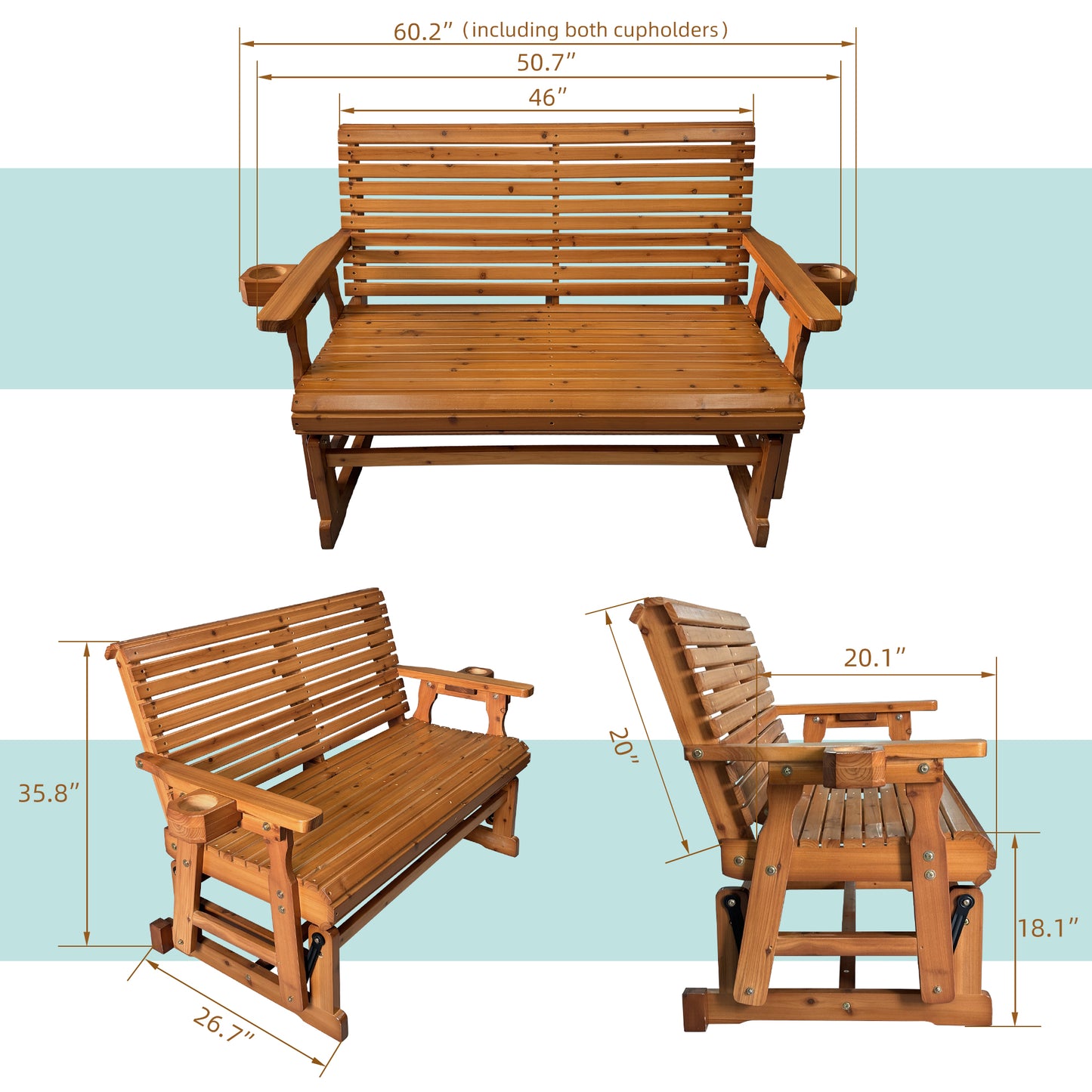Fortune Candy 2 Person Wooden Patio Glider with High Roll Back and cup holder