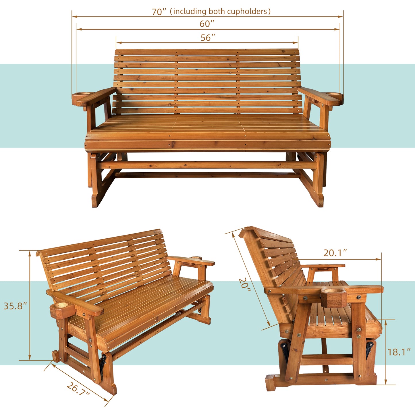Fortune Candy 3 Person Wooden Patio Glider with Cup Holders, Cedar Tone