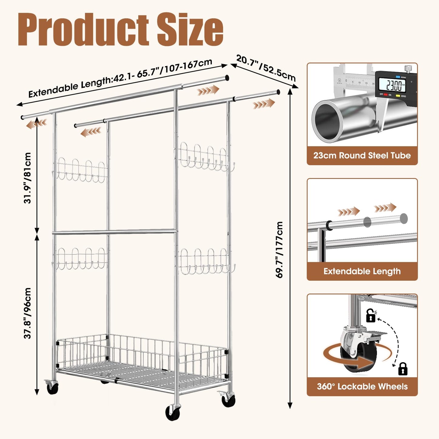Fortune Candy 69.7" Tall Steel Rack with Extendable Hanging Bars, Side Hooks, and Lockable Wheels for Home, Office, and Display Use