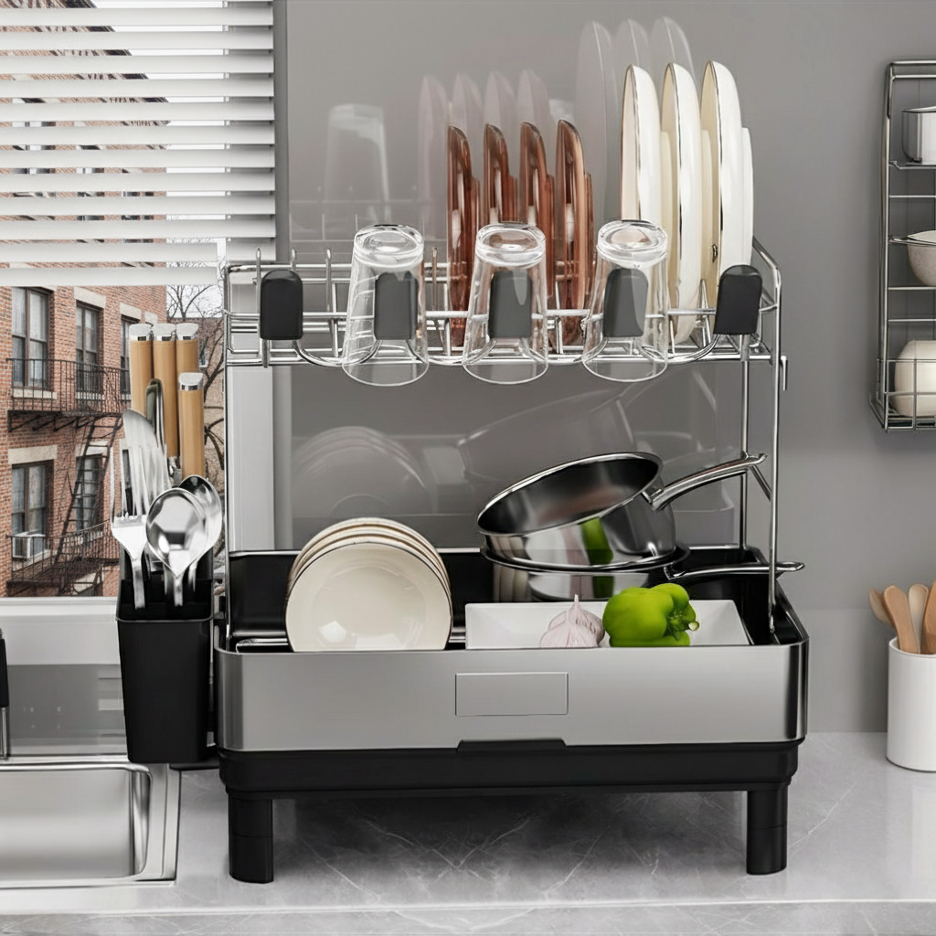 Fortune Candy 2-Tier Stainless Steel Dish Drying Rack for Kitchen Counter, Large Dish Rack with Utensil Holder and Rotating Drain Spout