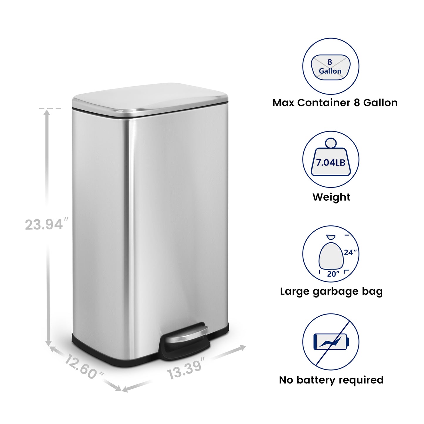 Innovaze 8 Gallon / 30 Liter Stainless Steel Step-On Trash Can, Rectangular Shape, Sliver Finish, Ideal for Home or Office
