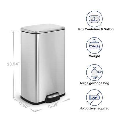 Innovaze 8 Gallon / 30 Liter Stainless Steel Step-On Trash Can, Rectangular Shape, Sliver Finish, Ideal for Home or Office