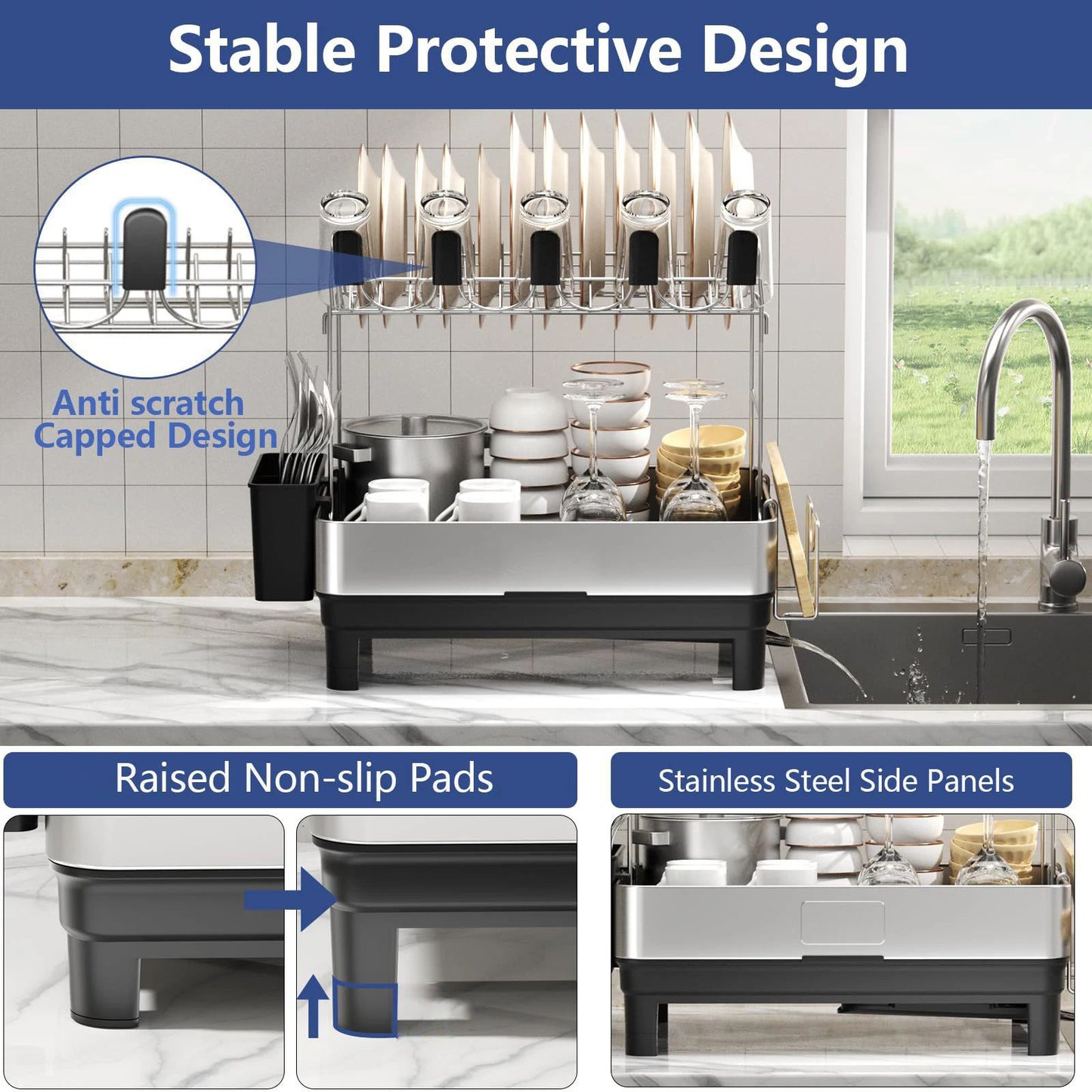Fortune Candy 2-Tier Stainless Steel Dish Drying Rack for Kitchen Counter, Large Dish Rack with Utensil Holder and Rotating Drain Spout