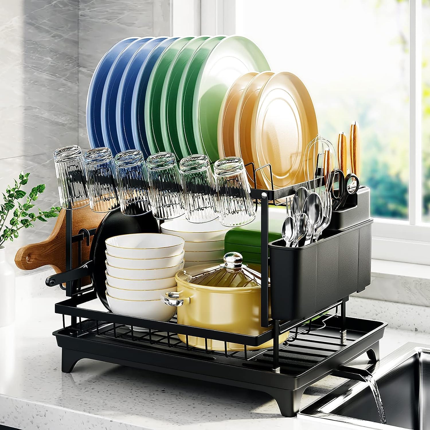 Fortune Candy 11.41'' Tall 2 Tier Dish Drying Rack, Large apacity, Black