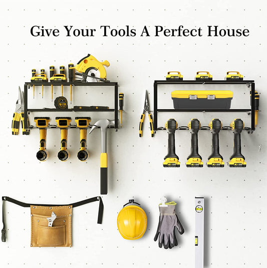 Fortune Candy 2-Tier Tool Organizer Wall Mount, 4 Slots for Cordless tool Storage, Utility Rack Suitable for Garage/Workshop/Pegboard, 2 SET