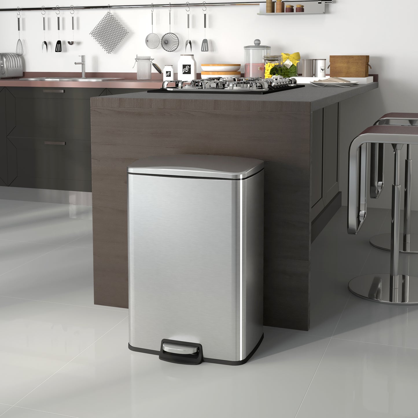 Innovaze 13 Gallon / 50 Liter Stainless Steel Step-On Trash Can, Rectangular Shape, Sliver Finish, Ideal for Home or Office