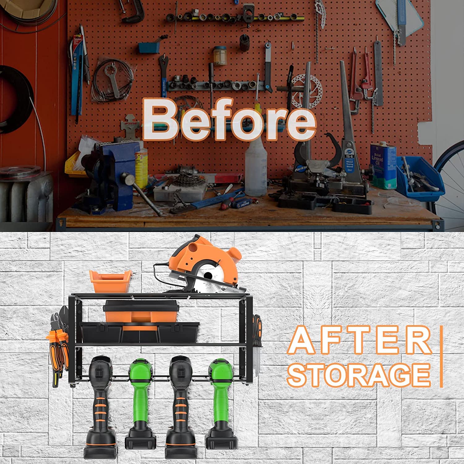 Fortune Candy 2-Tier Tool Organizer Wall Mount, 4 Slots for Cordless tool Storage, Utility Rack Suitable for Garage/Workshop/Pegboard, 2 SET