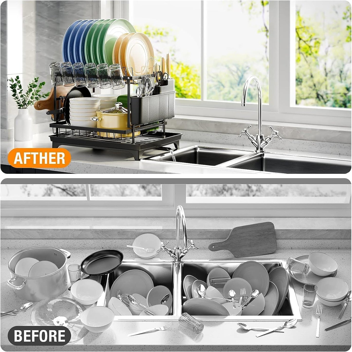 Fortune Candy 11.41'' Tall 2 Tier Dish Drying Rack, Large apacity, Black