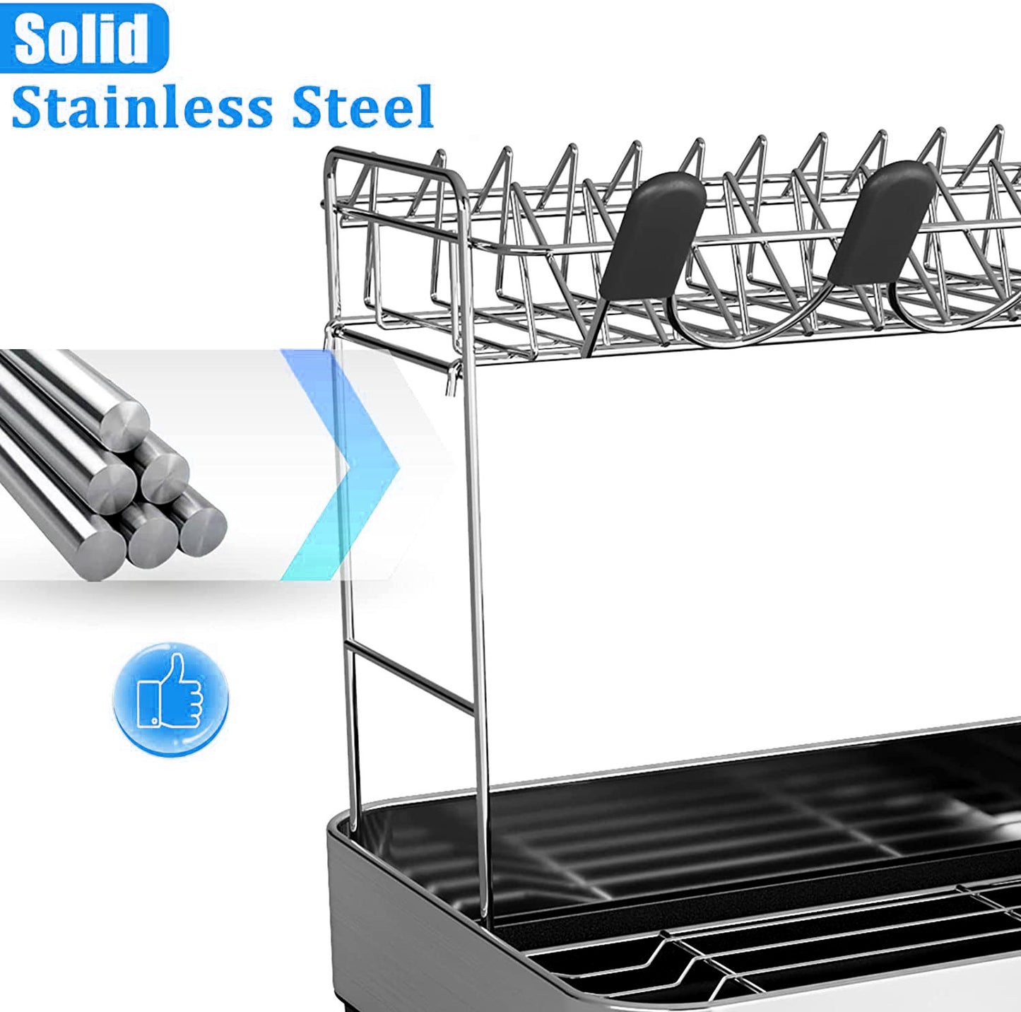 Fortune Candy 2-Tier Stainless Steel Dish Drying Rack for Kitchen Counter, Large Dish Rack with Utensil Holder and Rotating Drain Spout