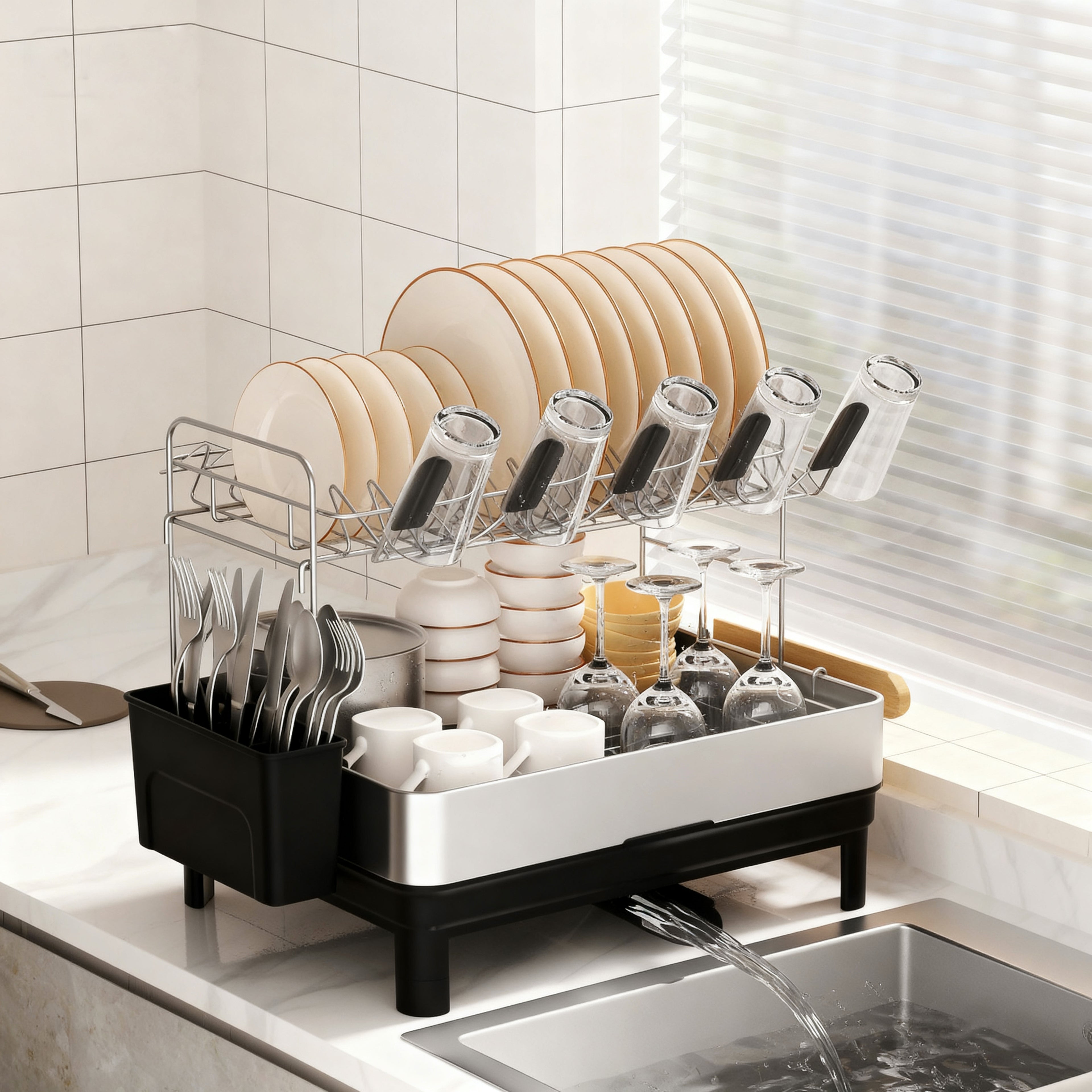 Fortune Candy 2-Tier Stainless Steel Dish Drying Rack for Kitchen Counter, Large Dish Rack with Utensil Holder and Rotating Drain Spout