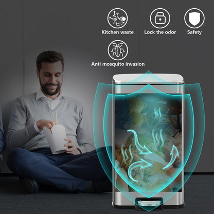 Innovaze 8 Gallon / 30 Liter Stainless Steel Step-On Trash Can, Rectangular Shape, Sliver Finish, Ideal for Home or Office