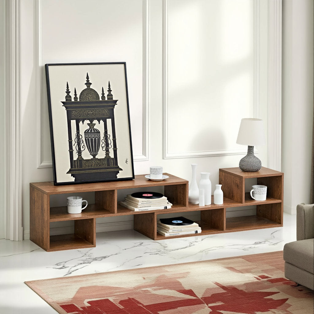 Fortune Candy L-Shaped Adjustable TV Stand for TVs up to 70'', MDF Entertainment Center with Open Shelves for Living Room or Apartment, Walnut