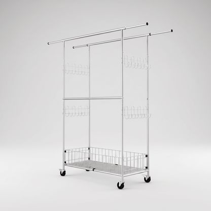 Fortune Candy 69.7" Tall Steel Rack with Extendable Hanging Bars, Side Hooks, and Lockable Wheels for Home, Office, and Display Use