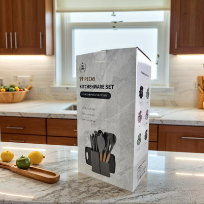 Fortune Candy 19pc Kitchen Utensil Set, Includes Tongs, Ladle, Scissors, Knives and Cutting Board (Black)