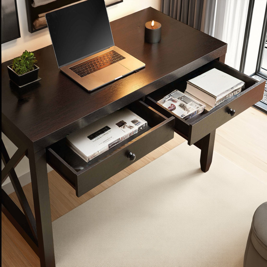 Fortune Candy 30.25'' Tall Cocoa Brown Home Office Desk with Two Drawers, Rectangular Wood Table with X-Brace Legs