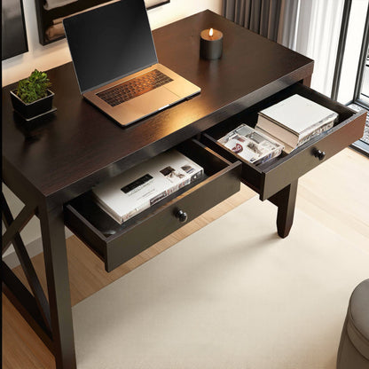 Fortune Candy 30.25'' Tall Cocoa Brown Home Office Desk with Two Drawers, Rectangular Wood Table with X-Brace Legs