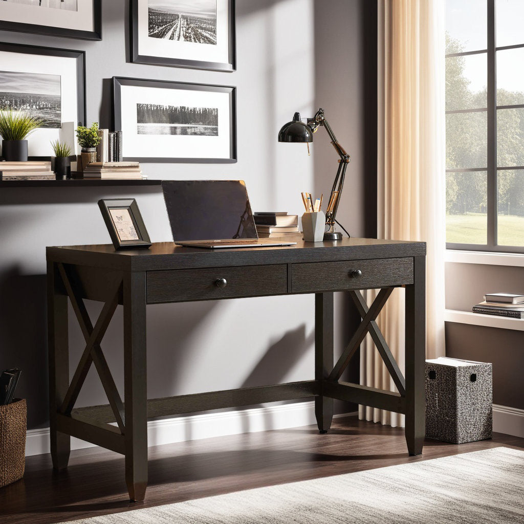 Fortune Candy 30.25'' Tall Cocoa Brown Home Office Desk with Two Drawers, Rectangular Wood Table with X-Brace Legs