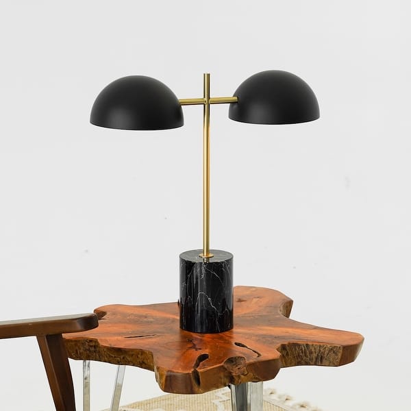 Fortune Candy 22.4'' Black Table Lamp with Double Bulbs, Faux Marble Base, Modern Desk Light for Living Room, Bedroom, or Office Reading