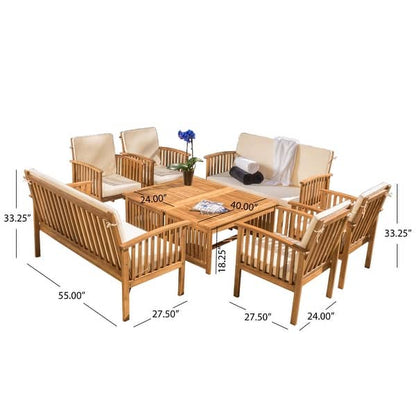 Fortune Candy 8 Pieces Indoor/Outdoor Acacia Wood Sofa Set with Cushions, Brown Conversation Furniture