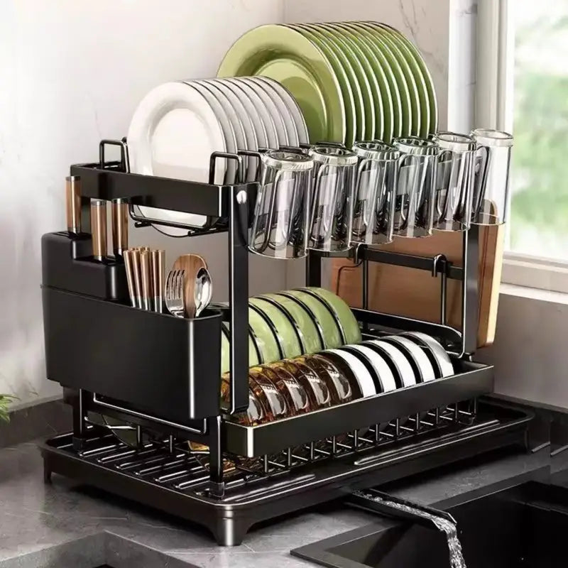 Fortune Candy 11.41'' Tall 2 Tier Dish Drying Rack, Large apacity, Black