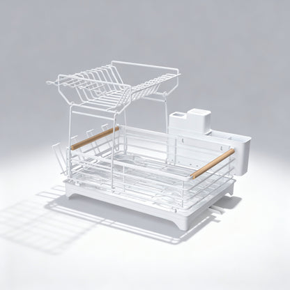 Fortune Candy 15.4'' Tall Dish Drying Rack with Bamboo Handle, 2-Tier Drying Rack for Apartments, Dorms, and Kitchens, White
