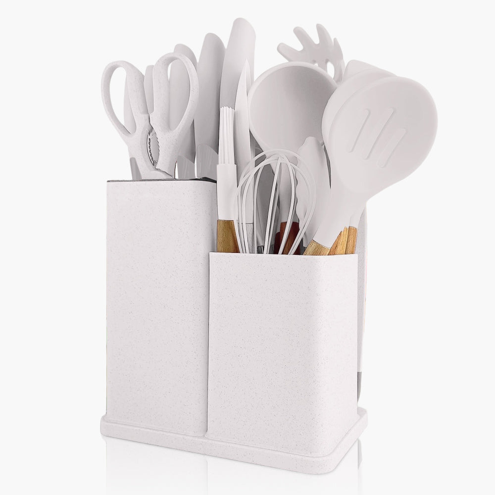 Fortune Candy 19pc Kitchen Utensil Set, Includes Tongs, Ladle, Scissors, Knives and Cutting Board (Beige)