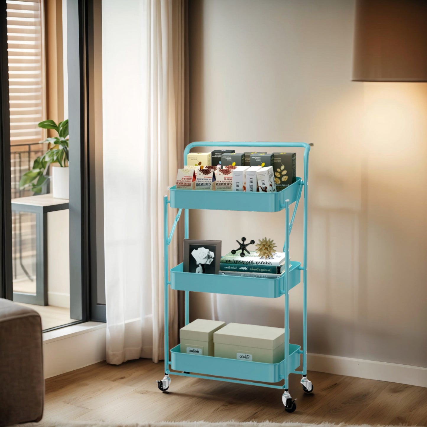 Fortune Candy Foldable 3-Tier Rolling Utility Cart, No-Assembly Multipurpose Storage Organizer with Handle for Home or Office, Green