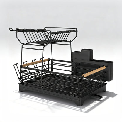 Fortune Candy 15.4'' Tall Dish Drying Rack with Bamboo Handle, 2-Tier Drying Rack for Apartments, Dorms, and Kitchens, Black