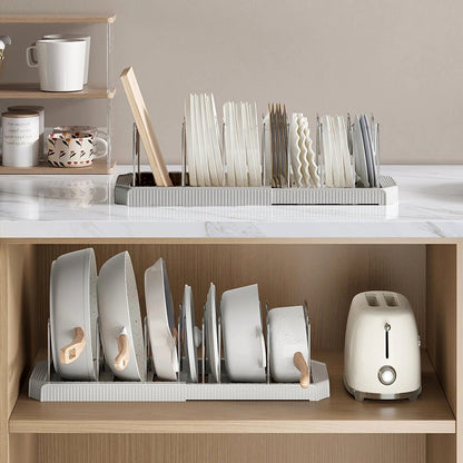 Fortune Candy 2 Pack Retractable Cabinet Organizer Rack, Pot Lid Holder for Cutting Boards, Pans, and Kitchen Storage, Gray