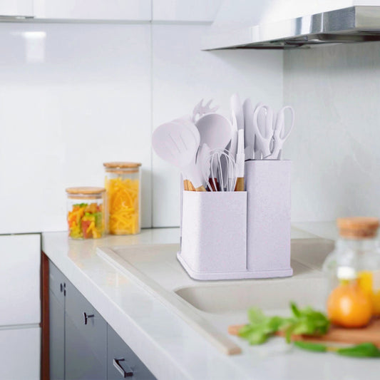 Fortune Candy 19pc Kitchen Utensil Set, Includes Tongs, Ladle, Scissors, Knives and Cutting Board (Beige)