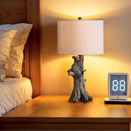 Fortune Candy 24.75" Rustic Black Bear Table Lamp, Polyresin Tree Trunk Base with Fabric Drum Shade for Home Decor