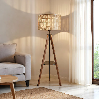Fortune Candy 59'' Tall Boho Tripod Floor Lamp with Shelves, Mid-Century Modern Wood Standing Lamp with Rattan and Fabric Shades for Home