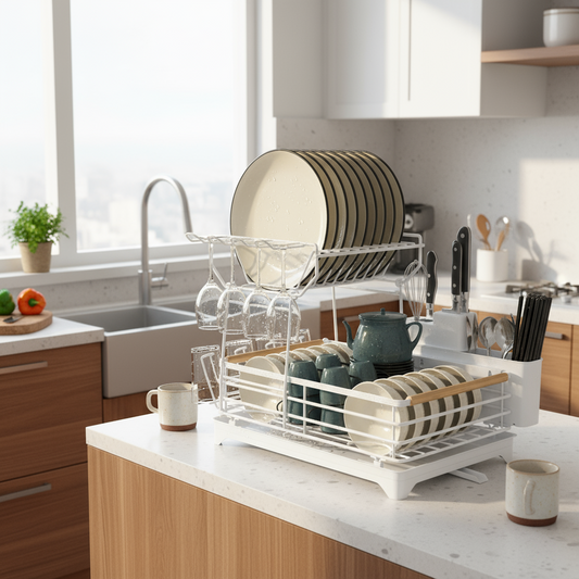 Fortune Candy 15.4'' Tall Dish Drying Rack with Bamboo Handle, 2-Tier Drying Rack for Apartments, Dorms, and Kitchens, White