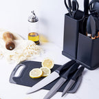 Fortune Candy 19pc Kitchen Utensil Set, Includes Tongs, Ladle, Scissors, Knives and Cutting Board (Black)