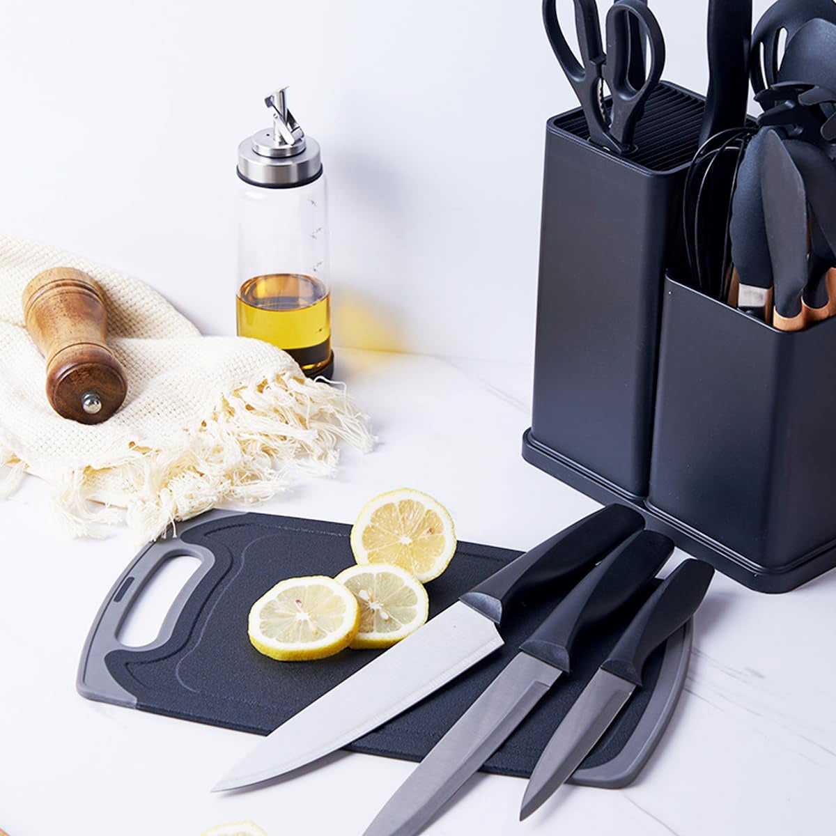 Fortune Candy 19pc Kitchen Utensil Set, Includes Tongs, Ladle, Scissors, Knives and Cutting Board (Black)