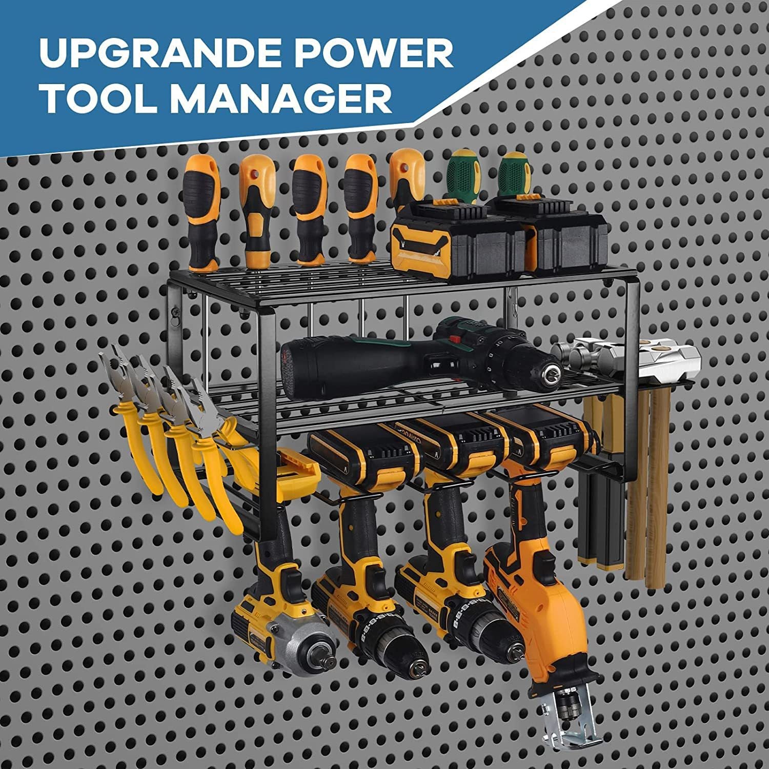 Fortune Candy 2-Tier Tool Organizer Wall Mount, 4 Slots for Cordless tool Storage, Utility Rack Suitable for Garage/Workshop/Pegboard, 1 SET