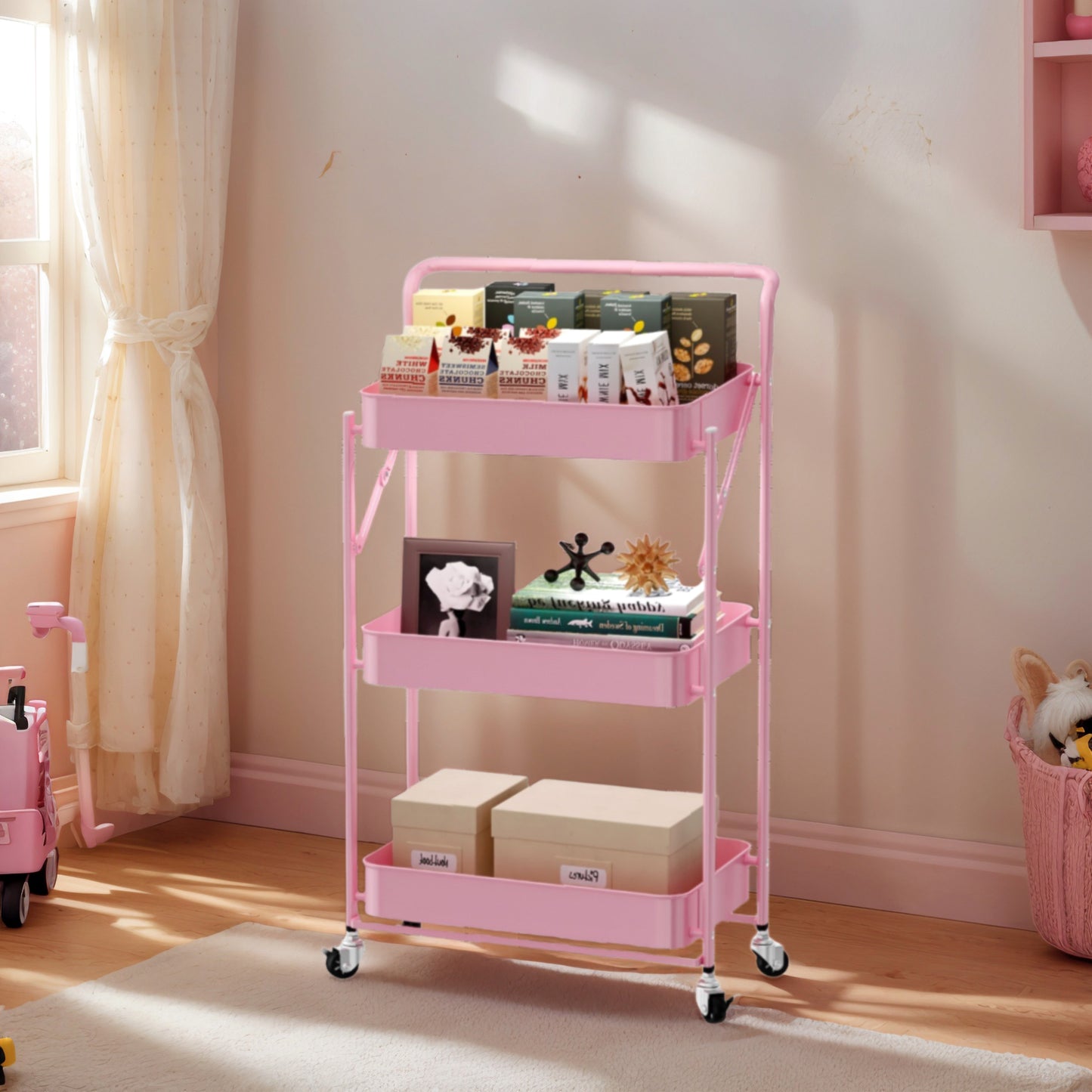 Fortune Candy Foldable 3-Tier Rolling Utility Cart, No-Assembly Multipurpose Storage Organizer with Handle for Home or Office, Pink