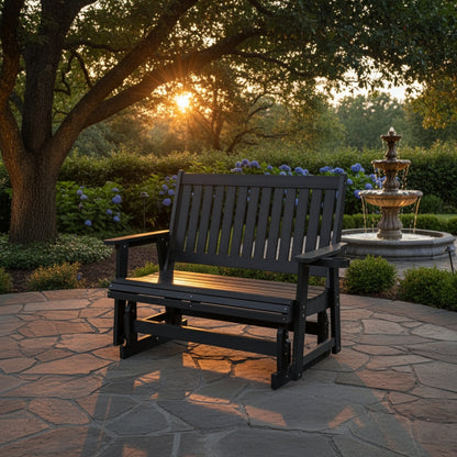 Fortune Candy Poly Lumber Patio Glider  2 Seater with Ergonomic Deep Seat, High Backrest, Cup Holders, for Outdoor Garden, Yard, or Deck