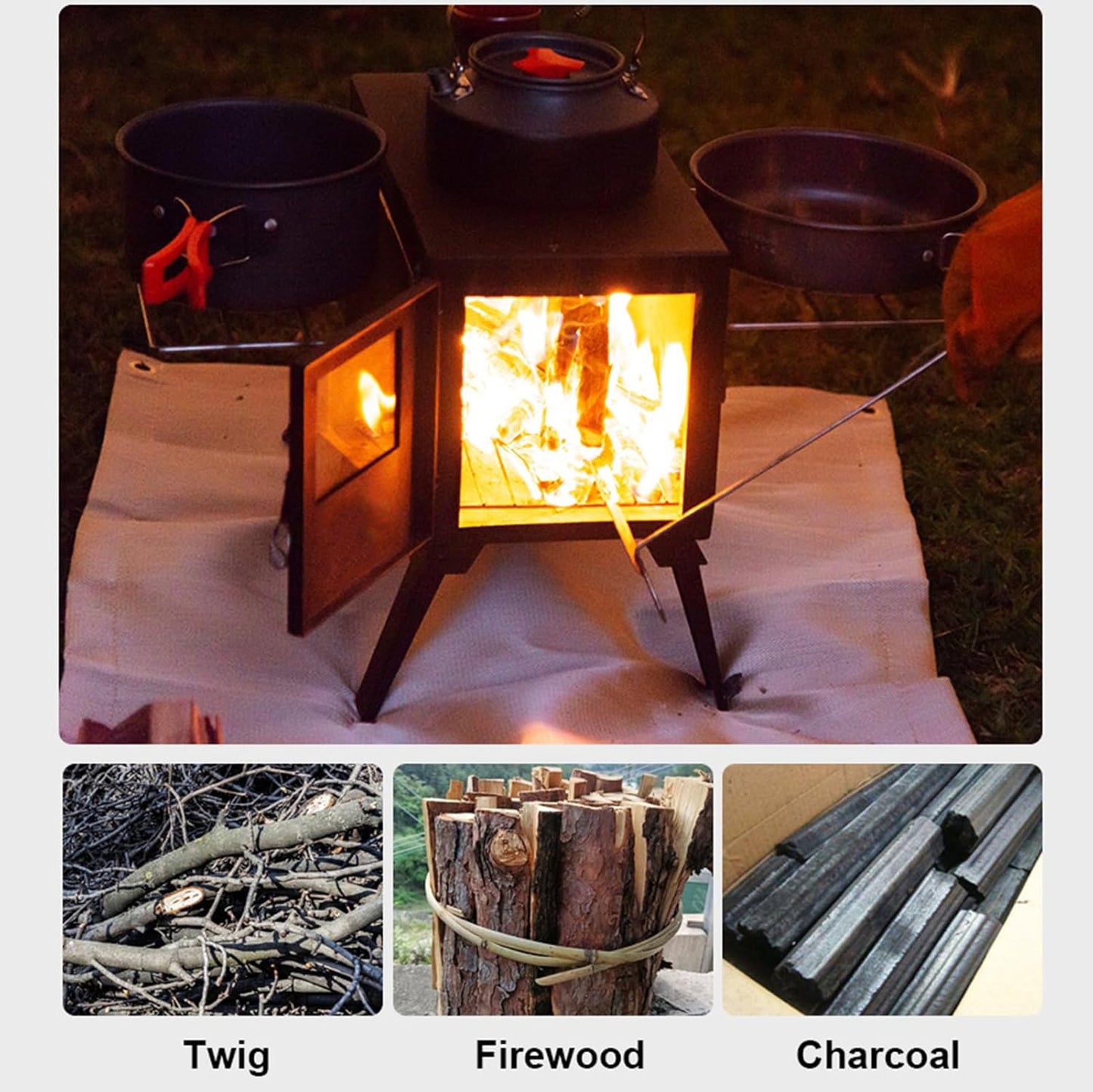 Fortune Candy 1 Set Folding Portable Wood Burning Tent Stove with Cooking Surface, Pipes and Spark Arrestor, for Camping, Hiking, Outdoor Courtyard