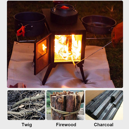 Fortune Candy 1 Set Folding Portable Wood Burning Tent Stove with Cooking Surface, Pipes and Spark Arrestor, for Camping, Hiking, Outdoor Courtyard