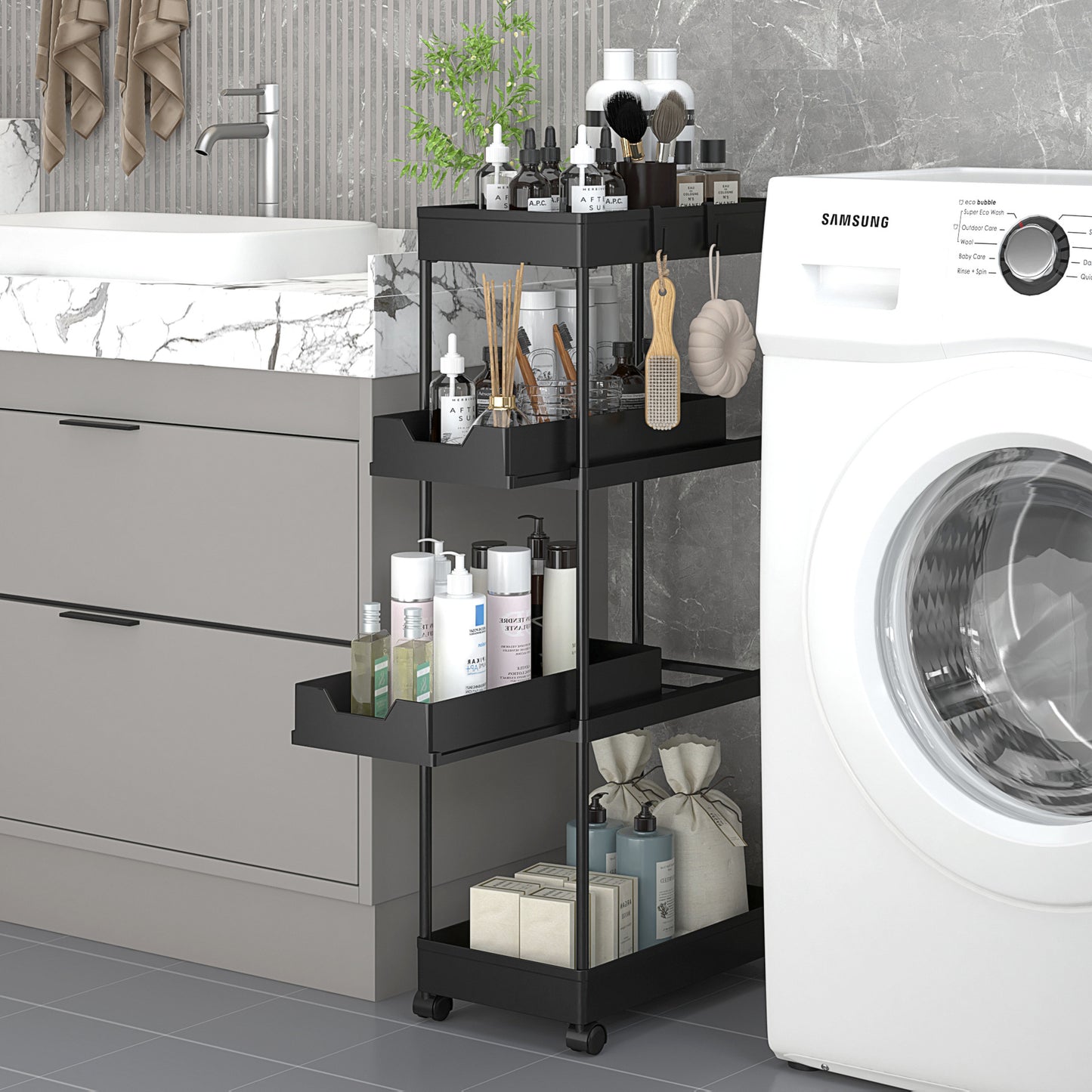 Fortune Candy 4-Tier Plastic Storage Cart with Wheels, Rolling Kitchen Shelving Rack for Pantry, Bathroom, Office